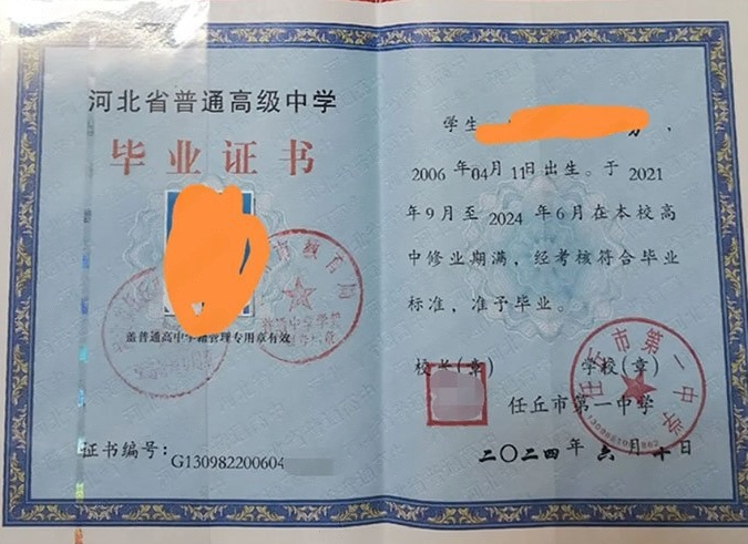 三亚任丘市第一中学高中毕业证样本图片